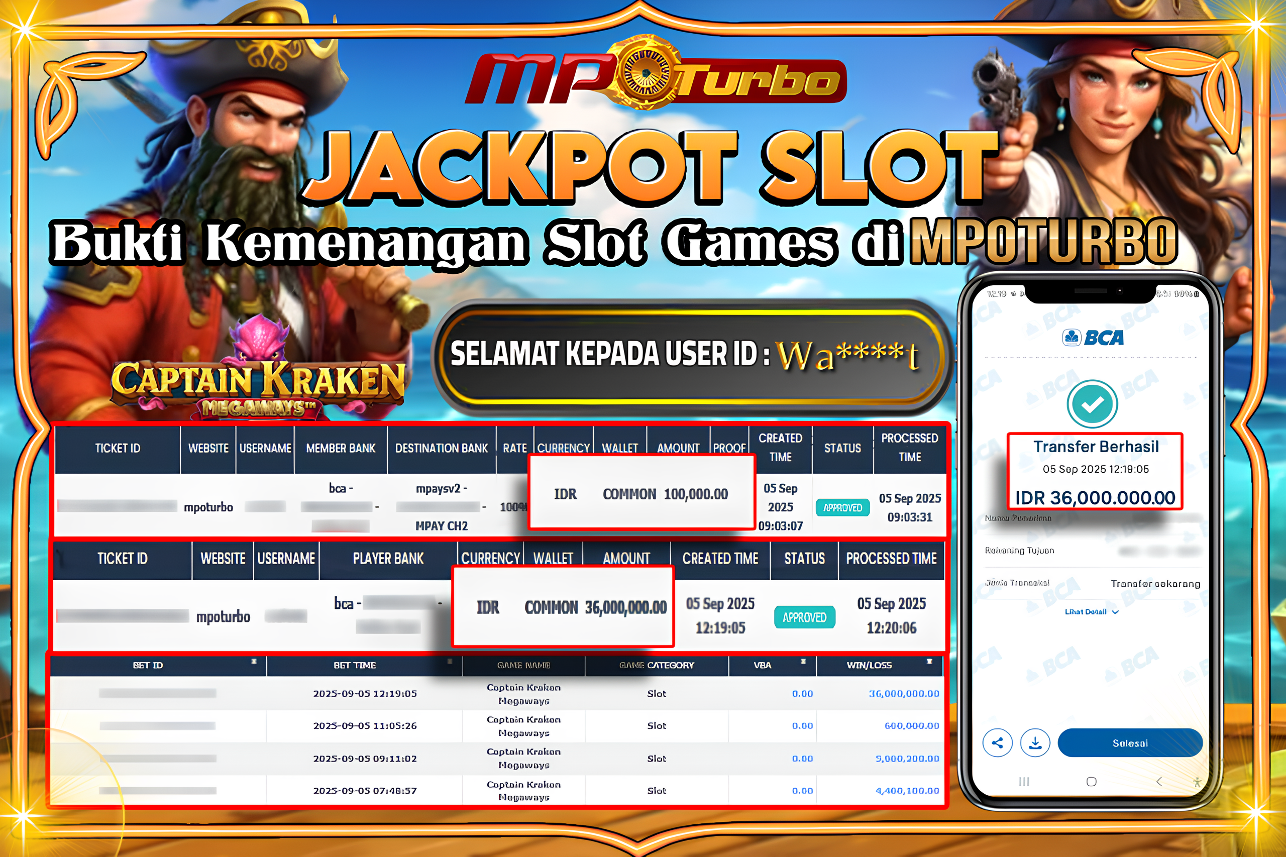 MPOTURBO CAPTAIN KRAKEN MEGAWAYS - PRAGMATIC PLAY Rp 36,000,000.00,- LUNAS